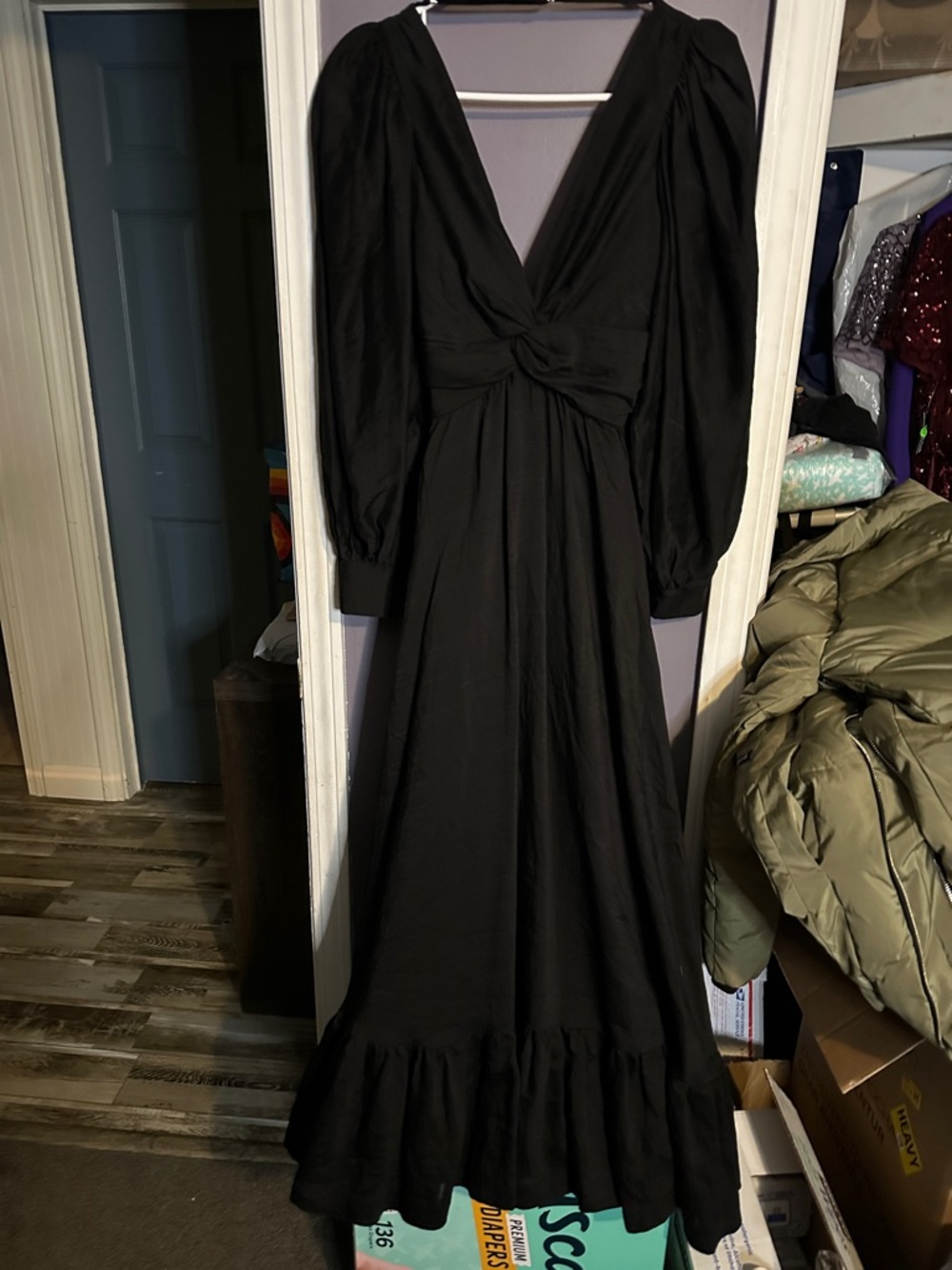 Sabina Musayev Black Knot-Puff Sleeve Maxi Gown